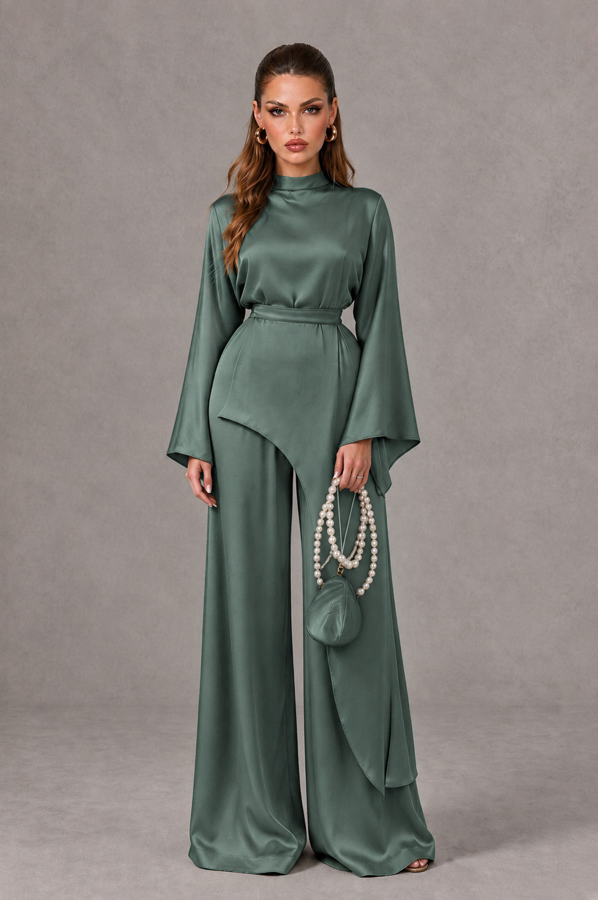 BOLODOO Eucalyptus Satin-Look Long Sleeve Wide-Leg Jumpsuit - Eucalyptus - Eucalyptus_01