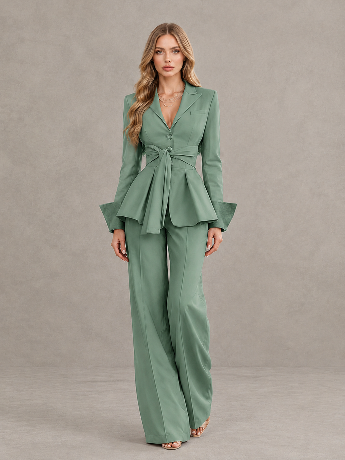 BOLODOO Eucalyptus Belted Peplum Pantsuit with Long Sleeves & Wide-Leg Trousers - Eucalyptus - Eucalyptus_01