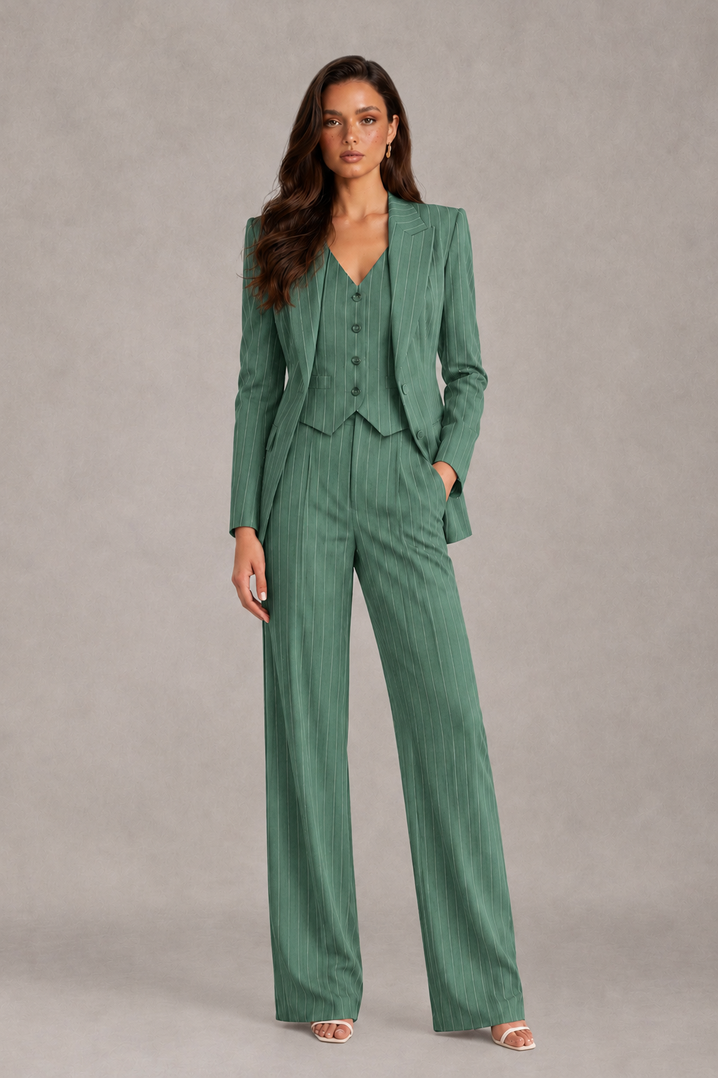 BOLODOO Women's Eucalyptus Pinstripe Three-Piece Pantsuit with Wide-Leg Trousers - Eucalyptus - Eucalyptus_01