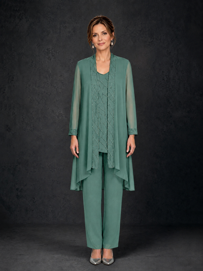 BOLODOO Eucalyptus 3-Piece Beaded Chiffon Duster Jacket Pant Suit - Eucalyptus - Eucalyptus_01