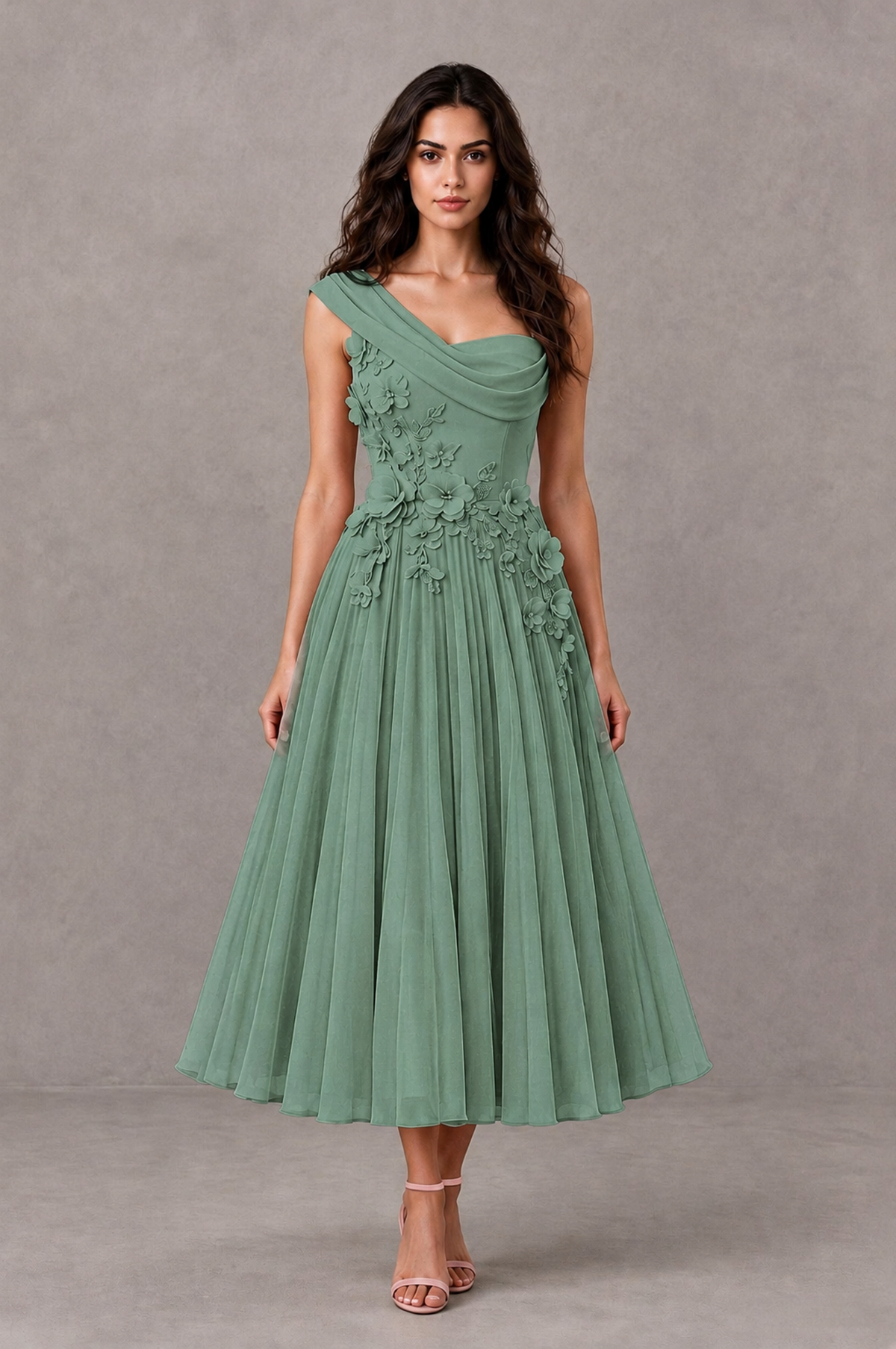 BOLODOO Eucalyptus One-Shoulder Floral Tulle Tea-Length Dress - Eucalyptus - Eucalyptus_01