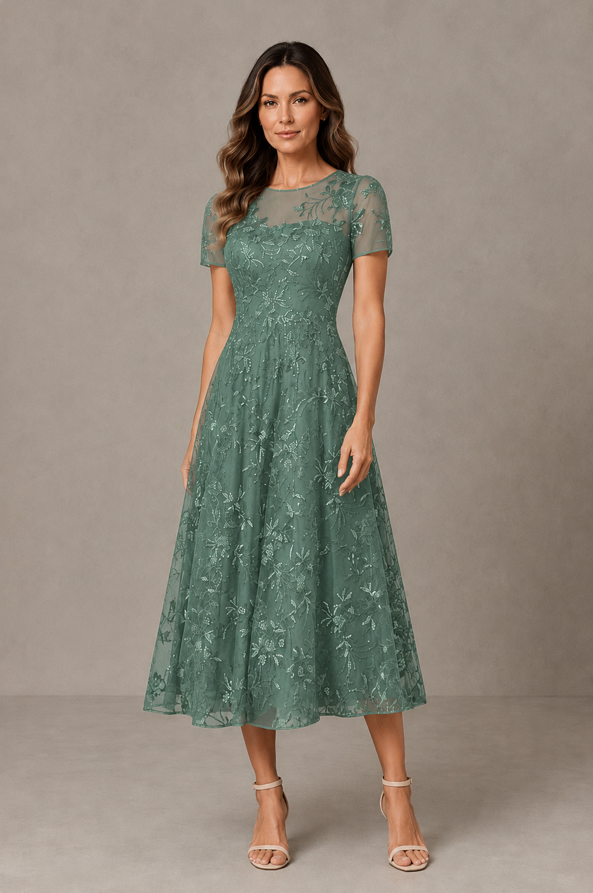 BOLODOO Eucalyptus Textured Floral A-Line Dress with Short Sleeves - Eucalyptus - Eucalyptus_01