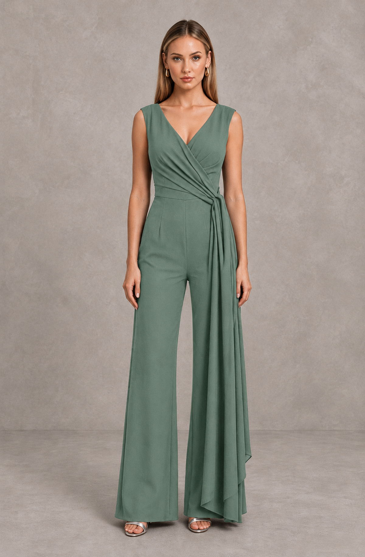 BOLODOO Eucalyptus Sleeveless V-Neck Wide-Leg Jumpsuit with Side Drape - Eucalyptus - Eucalyptus_01