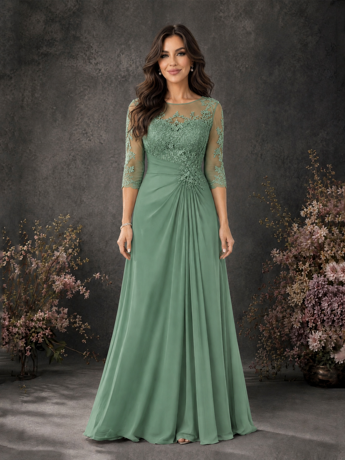 BOLODOO Eucalyptus Chiffon Lace Illusion Neckline 3/4 Sleeve Floor Length Formal Gown - Eucalyptus - Eucalyptus_01