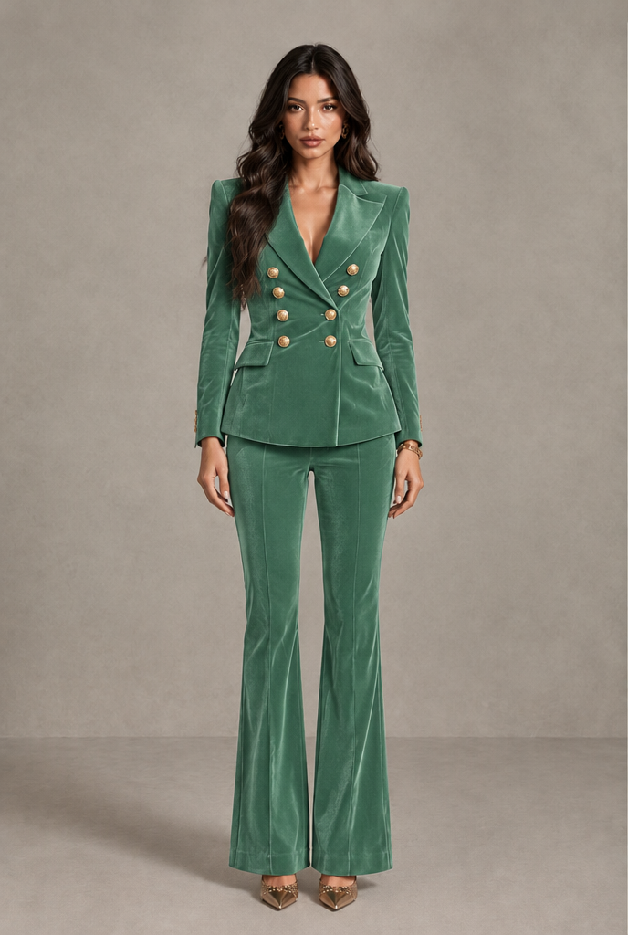BOLODOO Eucalyptus Velvet Double-Breasted Blazer & Pants Two-Piece Suit - Eucalyptus - Eucalyptus_01