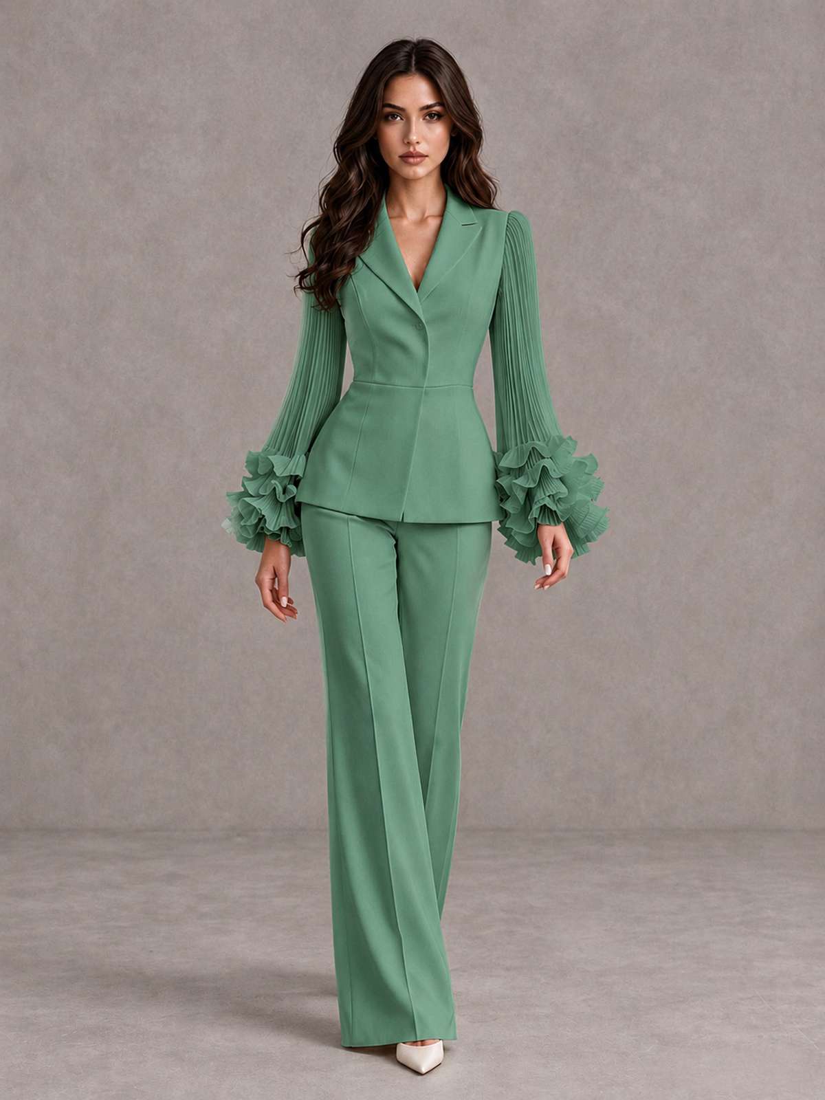 BOLODOO Eucalyptus Mother of the Bride Pant Suit – Pleated Long Sleeve Ruffle Cuff Wide Leg Trouser Suit - Eucalyptus - Eucalyptus_01