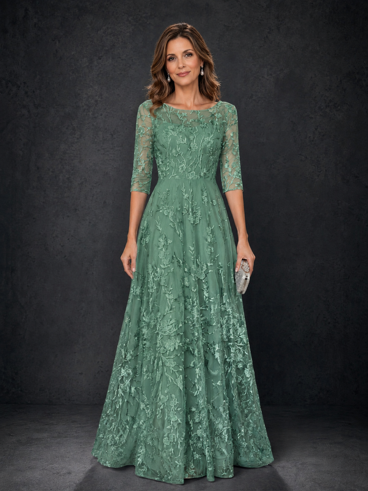 BOLODOO Eucalyptus Illusion Bateau Neck 3/4 Sleeve Floral Lace A-Line Mother of the Bride Dress MX007 - Eucalyptus - Eucalyptus_01
