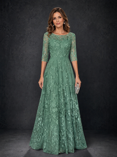 BOLODOO Eucalyptus Illusion Bateau Neck 3/4 Sleeve Floral Lace A-Line Mother of the Bride Dress MX007 - Eucalyptus - Eucalyptus_01