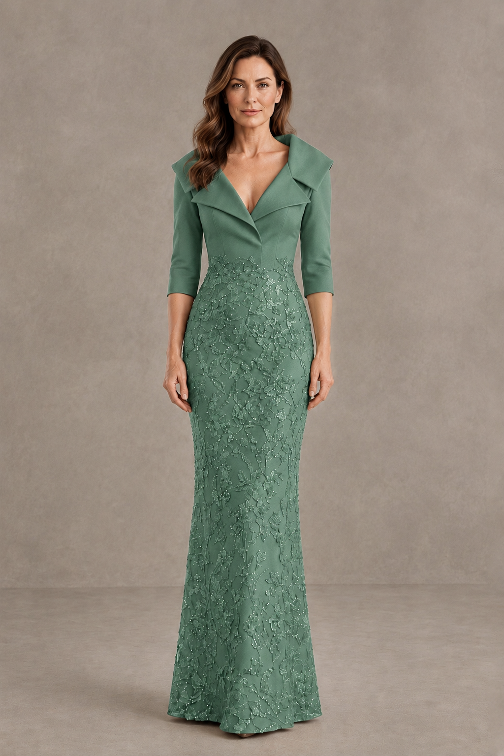 BOLODOO Eucalyptus Three-Quarter Sleeve Mermaid Evening Dress with Floral Detail - Eucalyptus - Eucalyptus_01