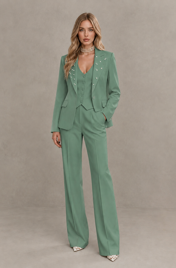 BOLODOO Eucalyptus Women's Three-Piece Pantsuit with Blazer & Vest - Eucalyptus - Eucalyptus_01
