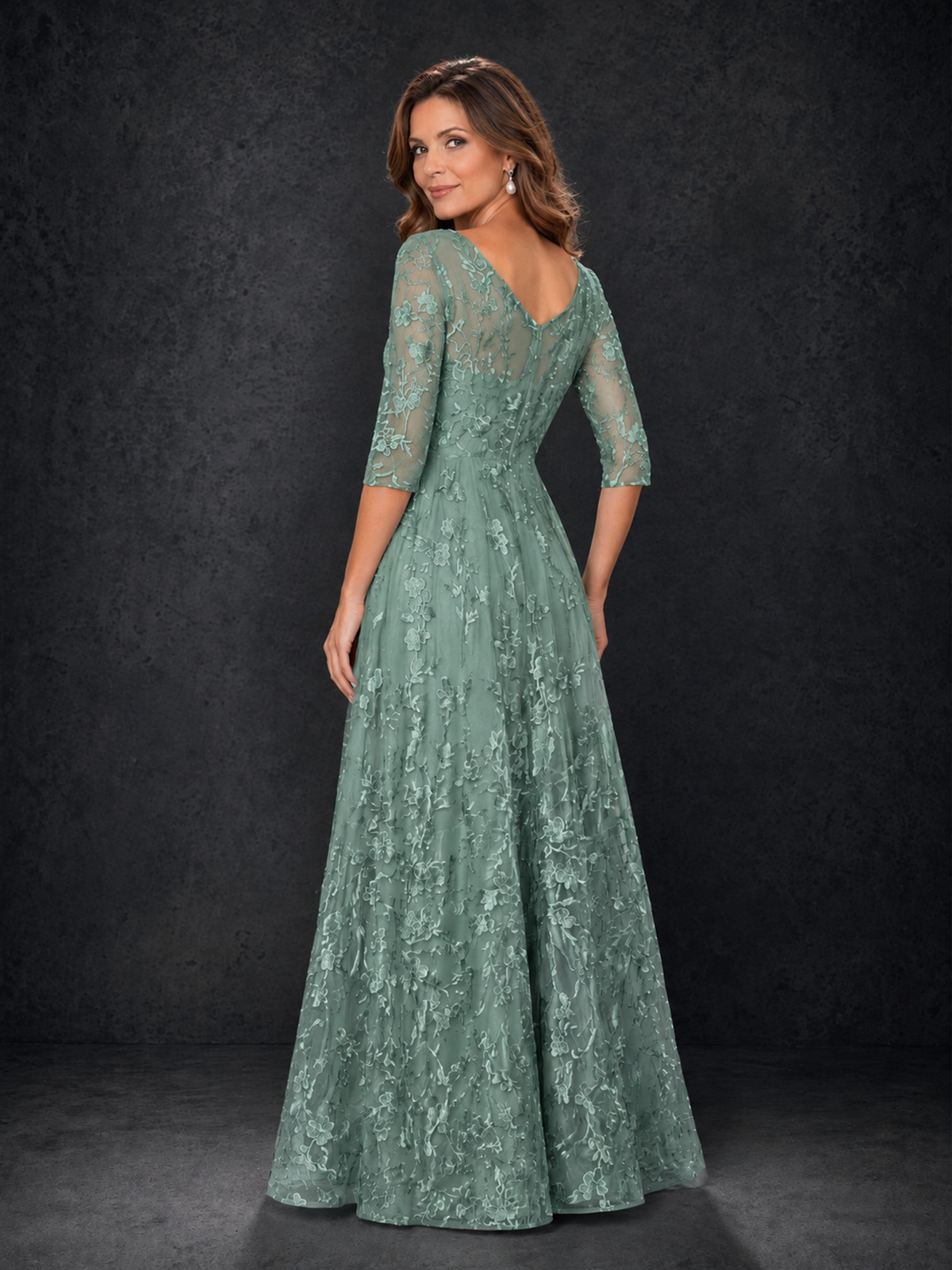 BOLODOO Eucalyptus Illusion Bateau Neck 3/4 Sleeve Floral Lace A-Line Mother of the Bride Dress MX007 - Eucalyptus - Eucalyptus_02