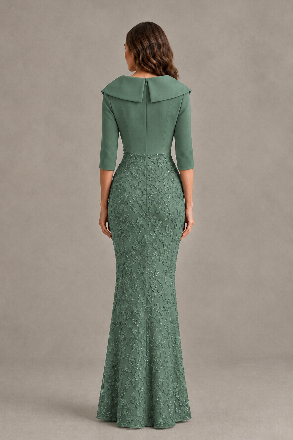 BOLODOO Eucalyptus Three-Quarter Sleeve Mermaid Evening Dress with Floral Detail - Eucalyptus - Eucalyptus_02