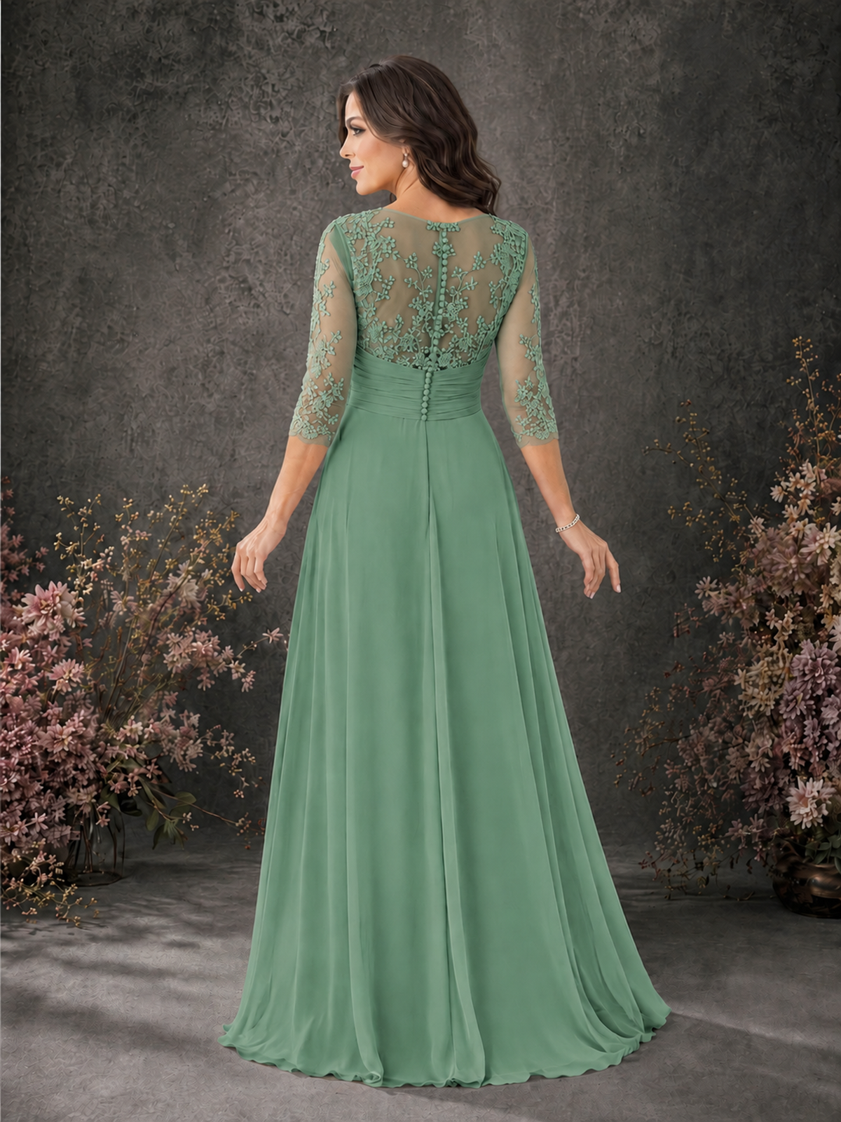 BOLODOO Eucalyptus Chiffon Lace Illusion Neckline 3/4 Sleeve Floor Length Formal Gown - Eucalyptus - Eucalyptus_02