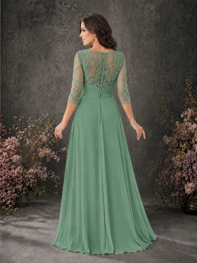 BOLODOO Eucalyptus Chiffon Lace Illusion Neckline 3/4 Sleeve Floor Length Formal Gown - Eucalyptus - Eucalyptus_02