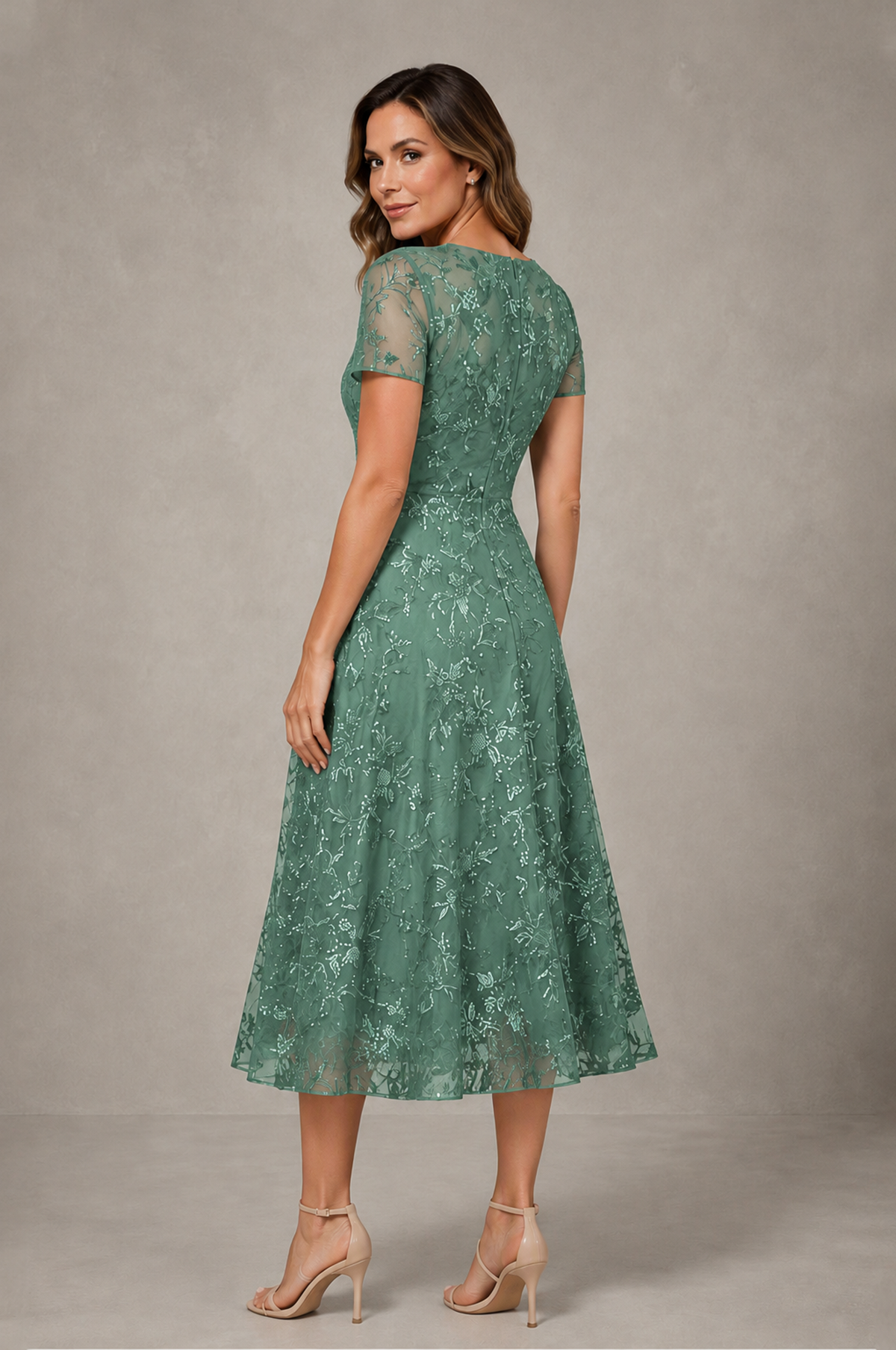 BOLODOO Eucalyptus Textured Floral A-Line Dress with Short Sleeves - Eucalyptus - Eucalyptus_02