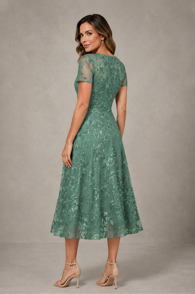 BOLODOO Eucalyptus Textured Floral A-Line Dress with Short Sleeves - Eucalyptus - Eucalyptus_02