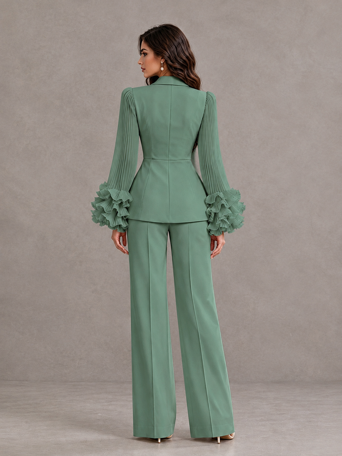 BOLODOO Eucalyptus Mother of the Bride Pant Suit – Pleated Long Sleeve Ruffle Cuff Wide Leg Trouser Suit - Eucalyptus - Eucalyptus_02