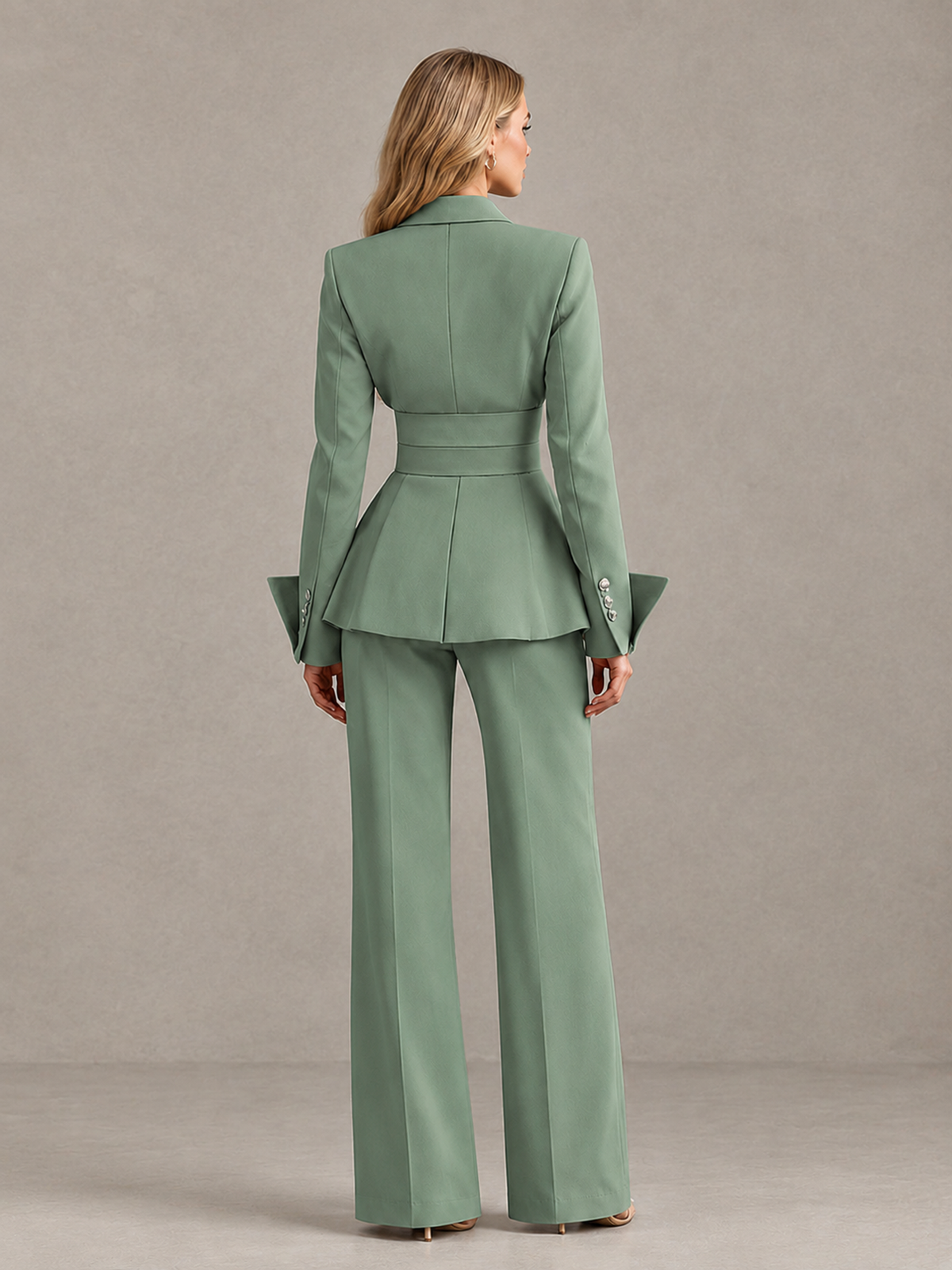 BOLODOO Eucalyptus Belted Peplum Pantsuit with Long Sleeves & Wide-Leg Trousers - Eucalyptus - Eucalyptus_02