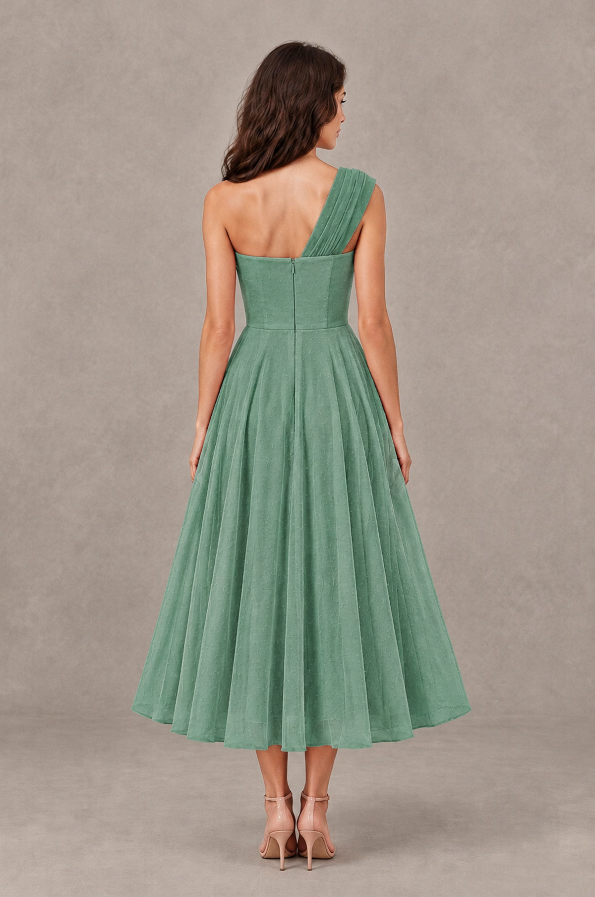 BOLODOO Eucalyptus One-Shoulder Floral Tulle Tea-Length Dress - Eucalyptus - Eucalyptus_02