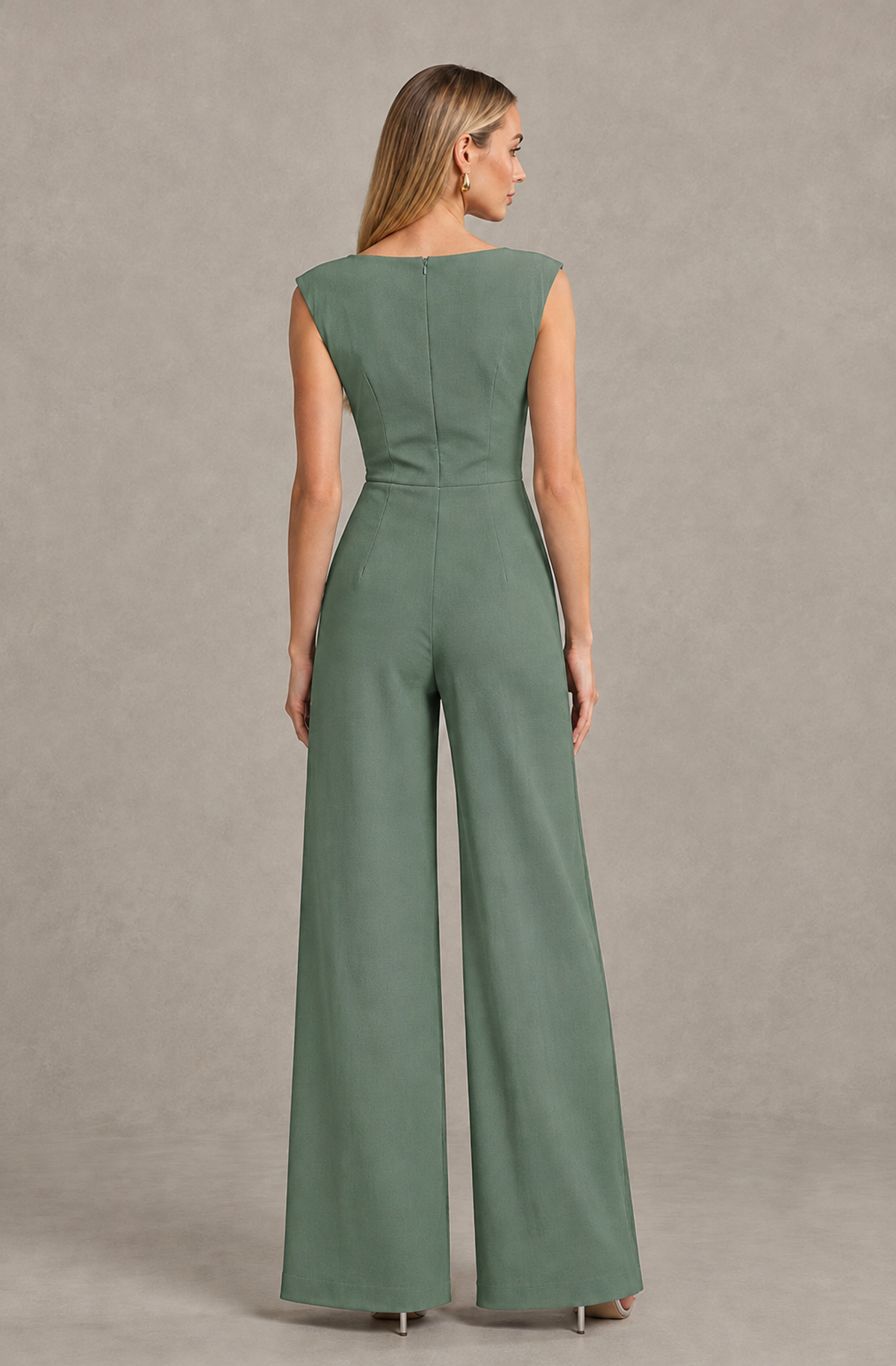 BOLODOO Eucalyptus Sleeveless V-Neck Wide-Leg Jumpsuit with Side Drape - Eucalyptus - Eucalyptus_02