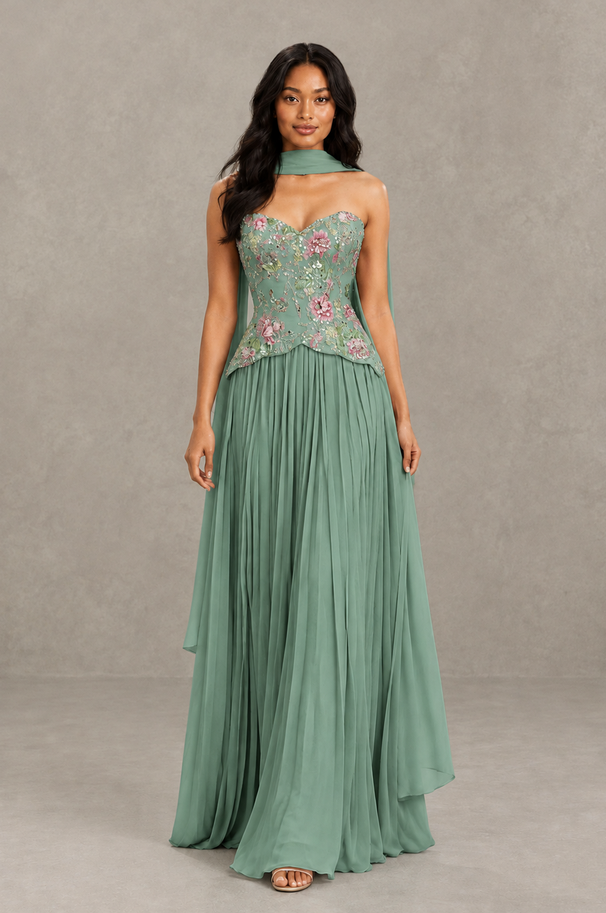 BOLODOO Eucalyptus Strapless Beaded Floral Corset Chiffon Maxi Gown – Open Back Prom & Formal Evening Dress - Eucalyptus - Eucalyptus_03