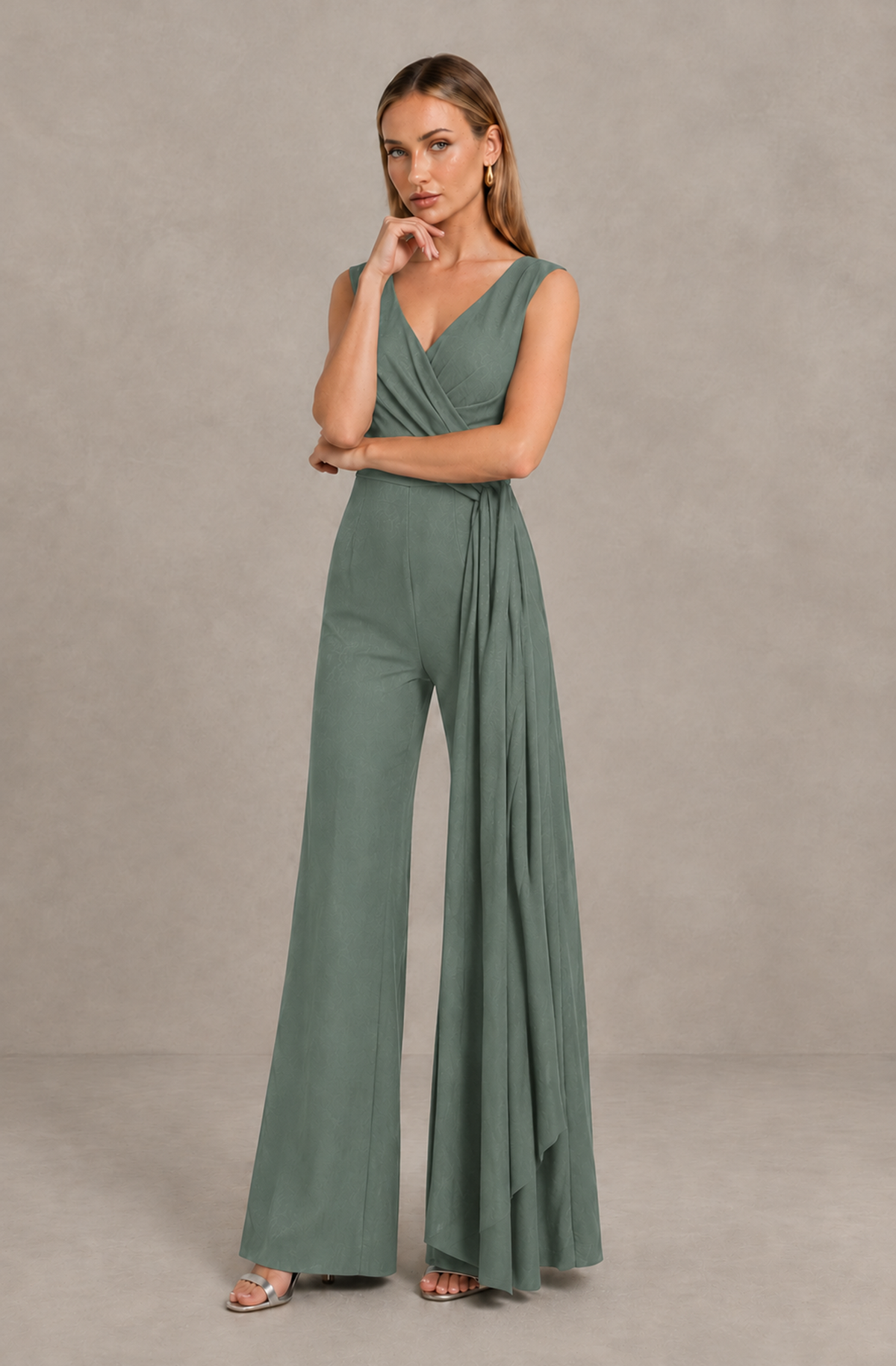 BOLODOO Eucalyptus Sleeveless V-Neck Wide-Leg Jumpsuit with Side Drape - Eucalyptus - Eucalyptus_03