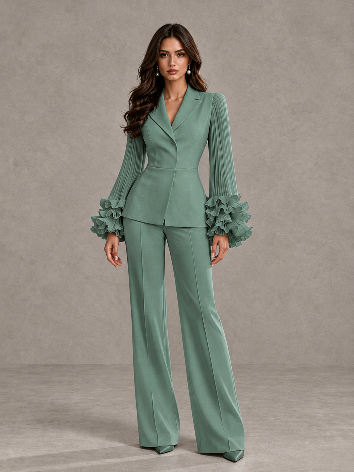 BOLODOO Eucalyptus Mother of the Bride Pant Suit – Pleated Long Sleeve Ruffle Cuff Wide Leg Trouser Suit - Eucalyptus - Eucalyptus_03