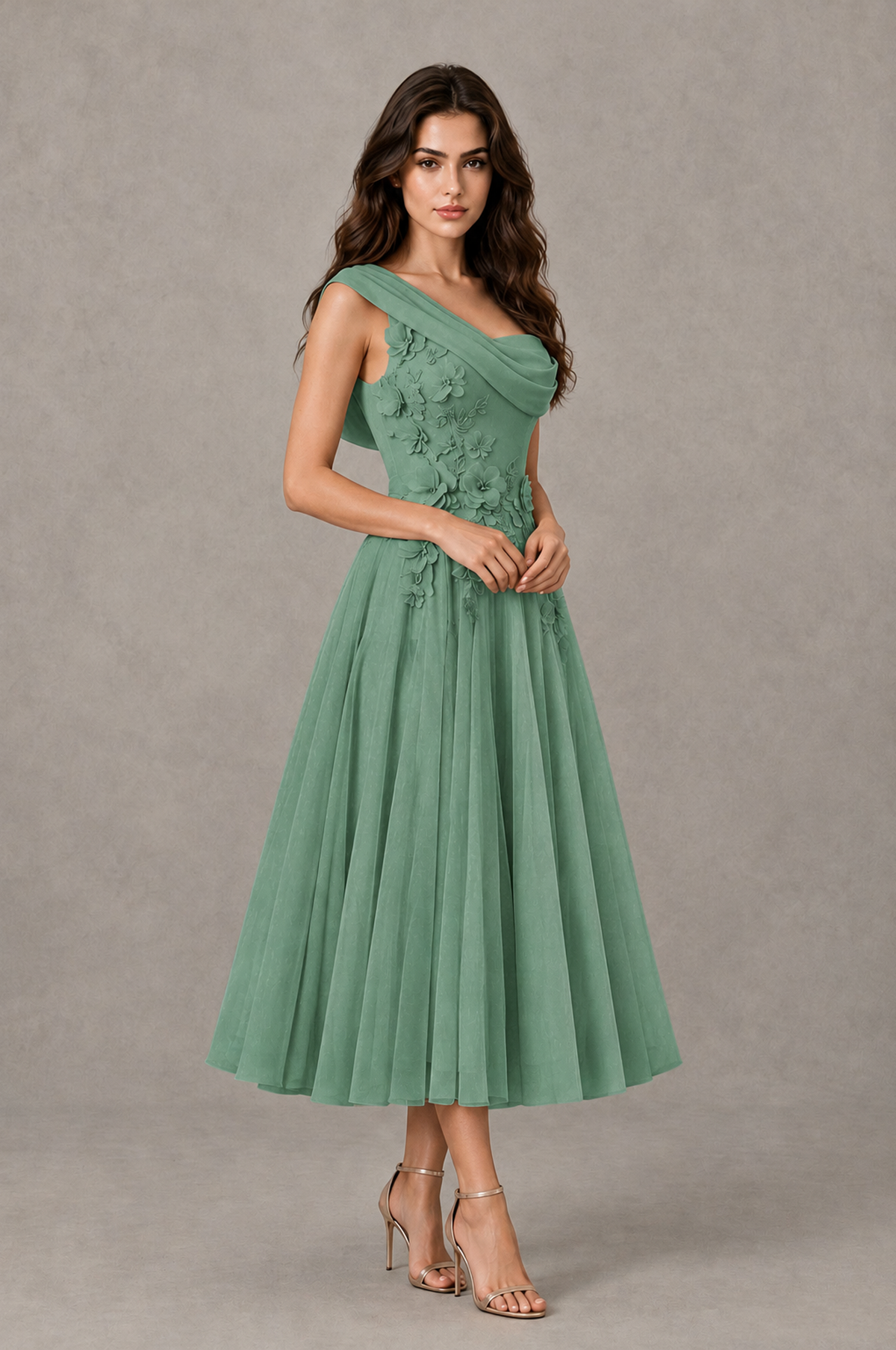 BOLODOO Eucalyptus One-Shoulder Floral Tulle Tea-Length Dress - Eucalyptus - Eucalyptus_03