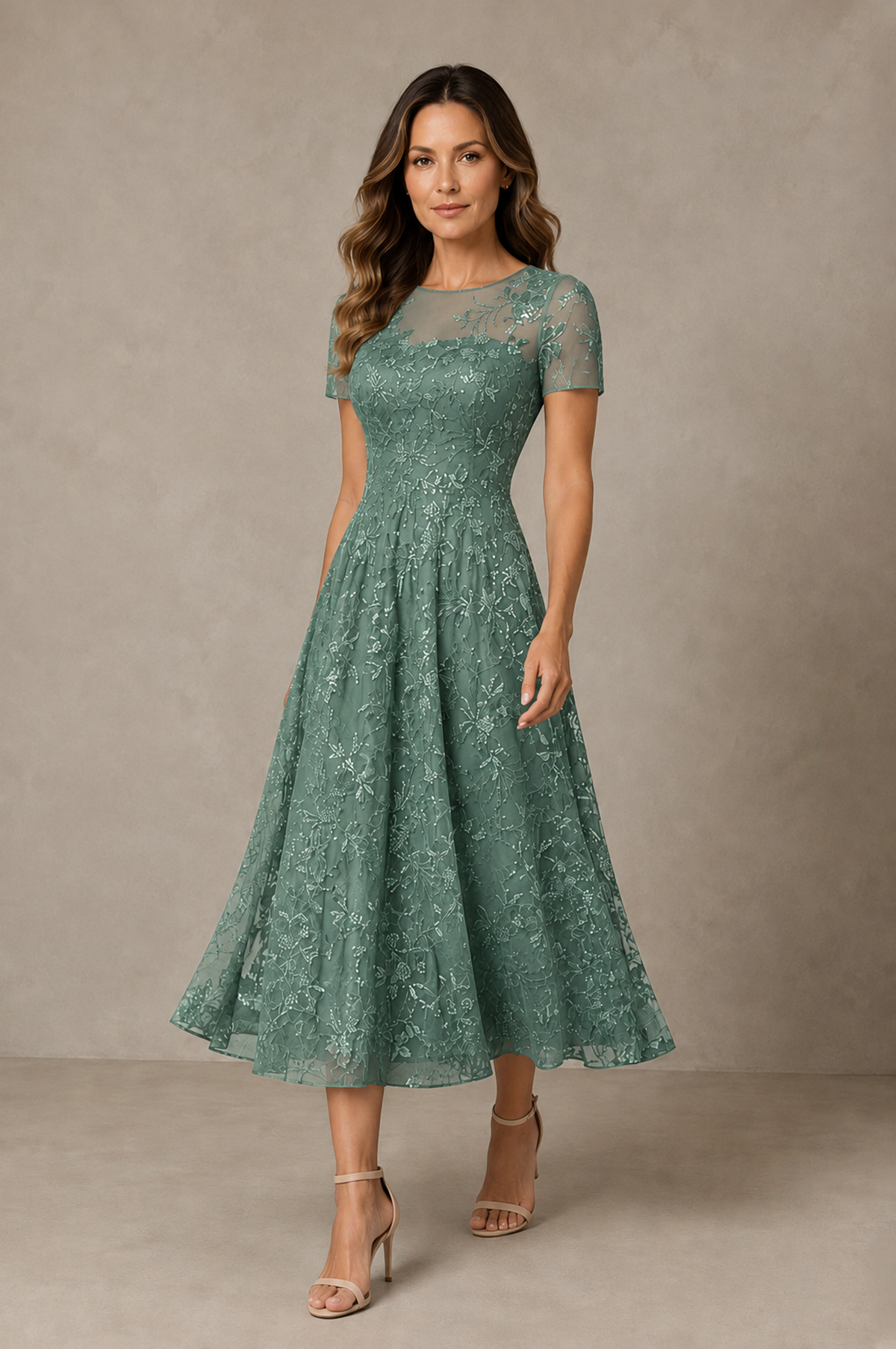 BOLODOO Eucalyptus Textured Floral A-Line Dress with Short Sleeves - Eucalyptus - Eucalyptus_03