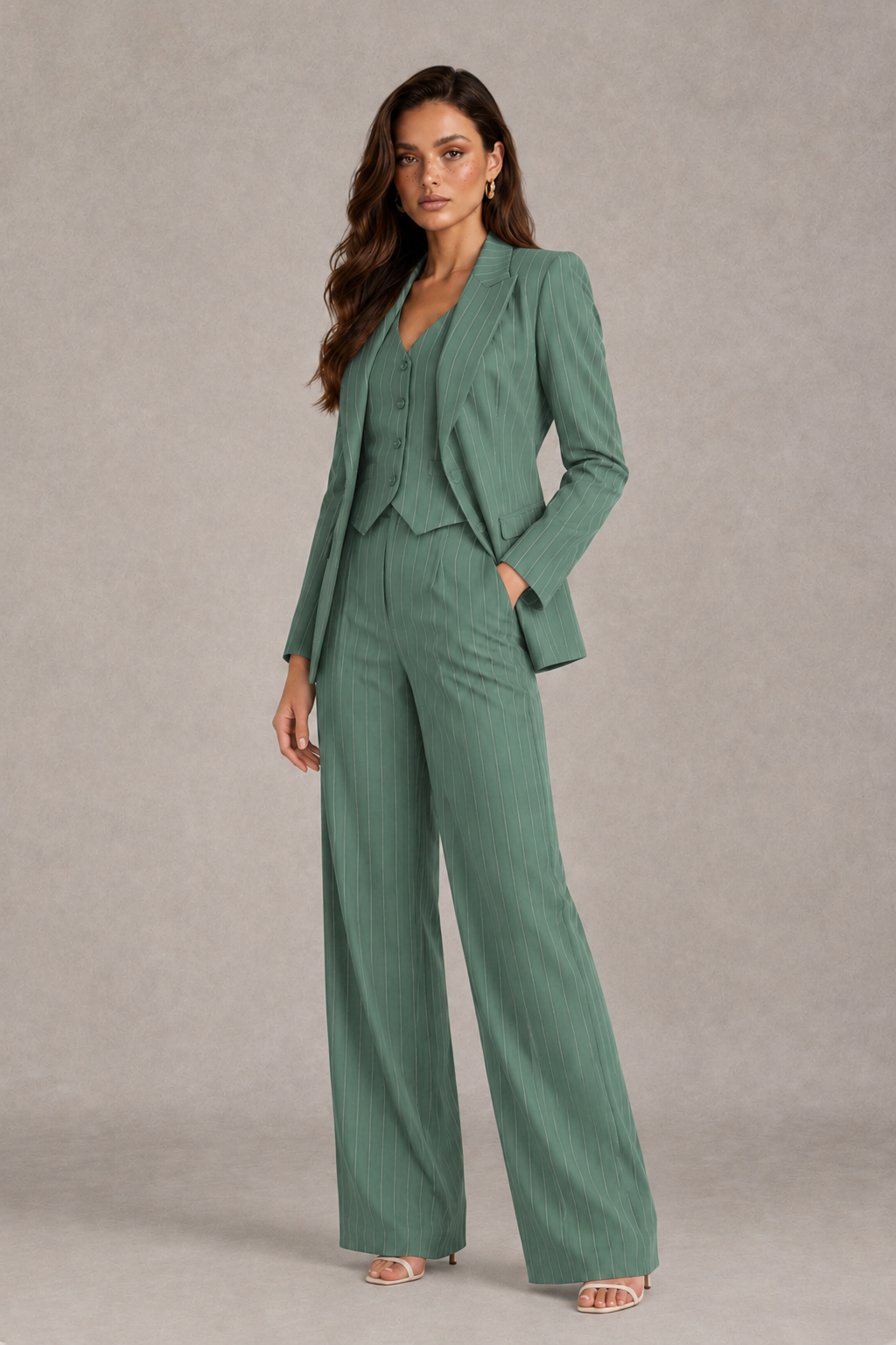 BOLODOO Women's Eucalyptus Pinstripe Three-Piece Pantsuit with Wide-Leg Trousers - Eucalyptus - Eucalyptus_03