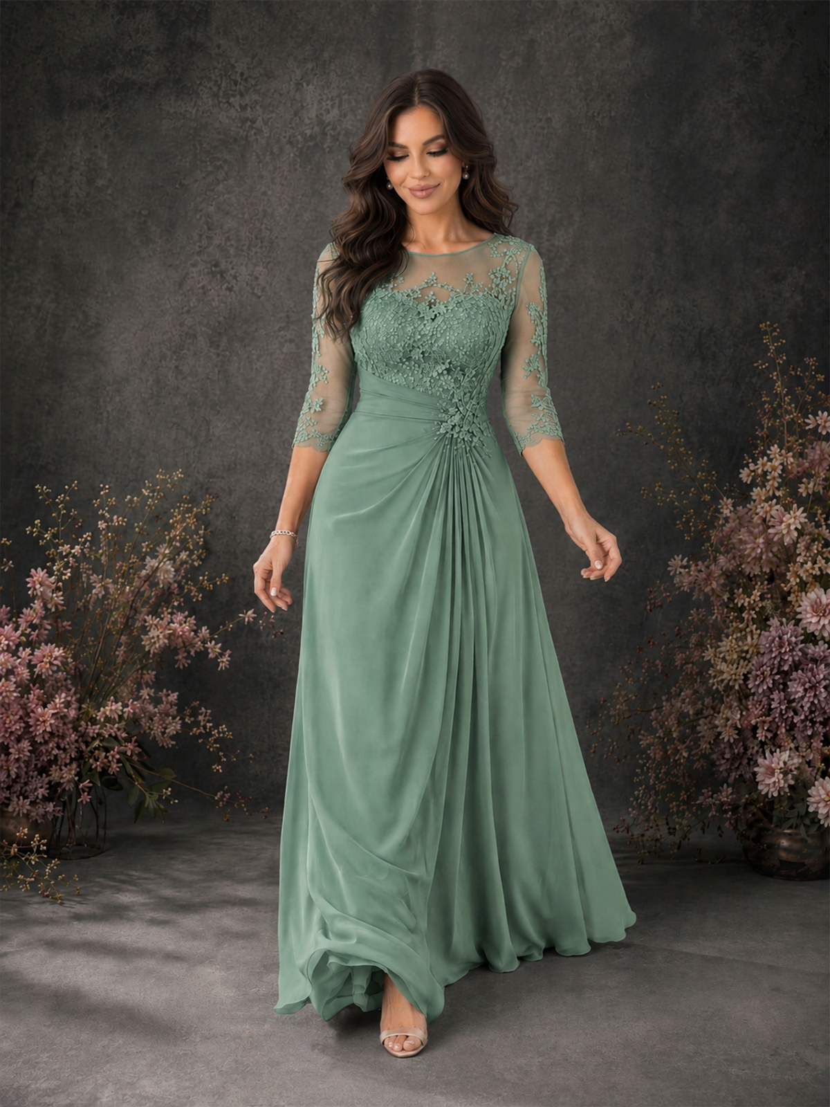 BOLODOO Eucalyptus Chiffon Lace Illusion Neckline 3/4 Sleeve Floor Length Formal Gown - Eucalyptus - Eucalyptus_03
