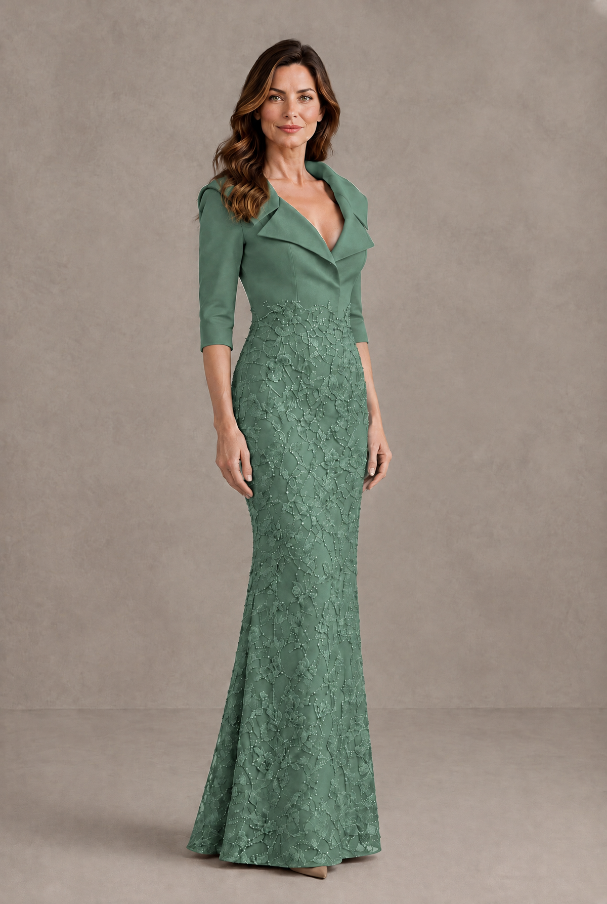 BOLODOO Eucalyptus Three-Quarter Sleeve Mermaid Evening Dress with Floral Detail - Eucalyptus - Eucalyptus_03