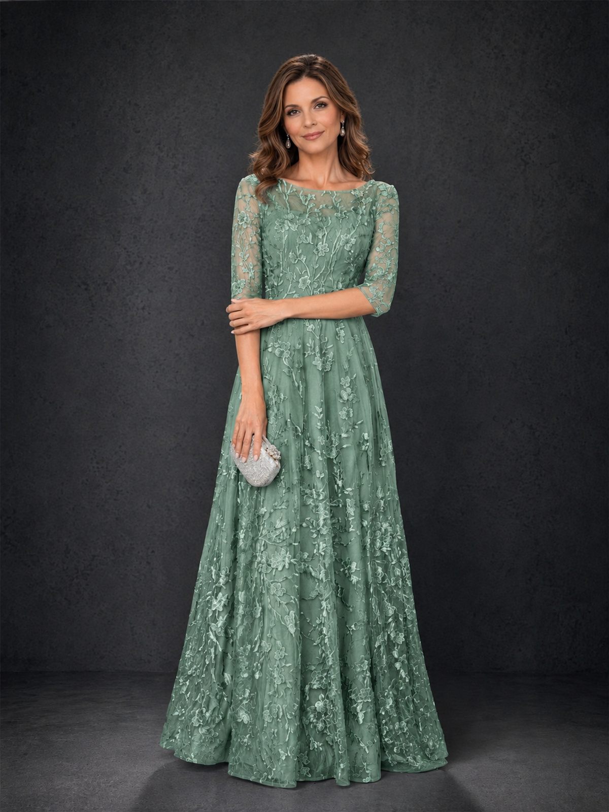BOLODOO Eucalyptus Illusion Bateau Neck 3/4 Sleeve Floral Lace A-Line Mother of the Bride Dress MX007 - Eucalyptus - Eucalyptus_03