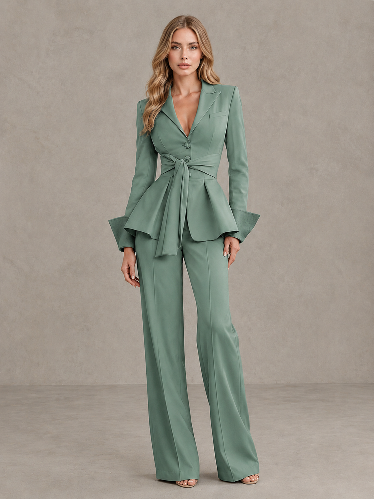 BOLODOO Eucalyptus Belted Peplum Pantsuit with Long Sleeves & Wide-Leg Trousers - Eucalyptus - Eucalyptus_03