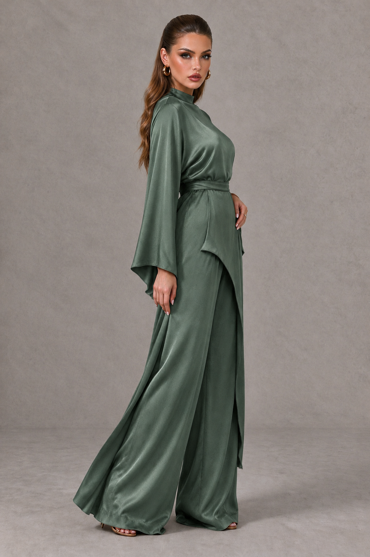 BOLODOO Eucalyptus Satin-Look Long Sleeve Wide-Leg Jumpsuit - Eucalyptus - Eucalyptus_03