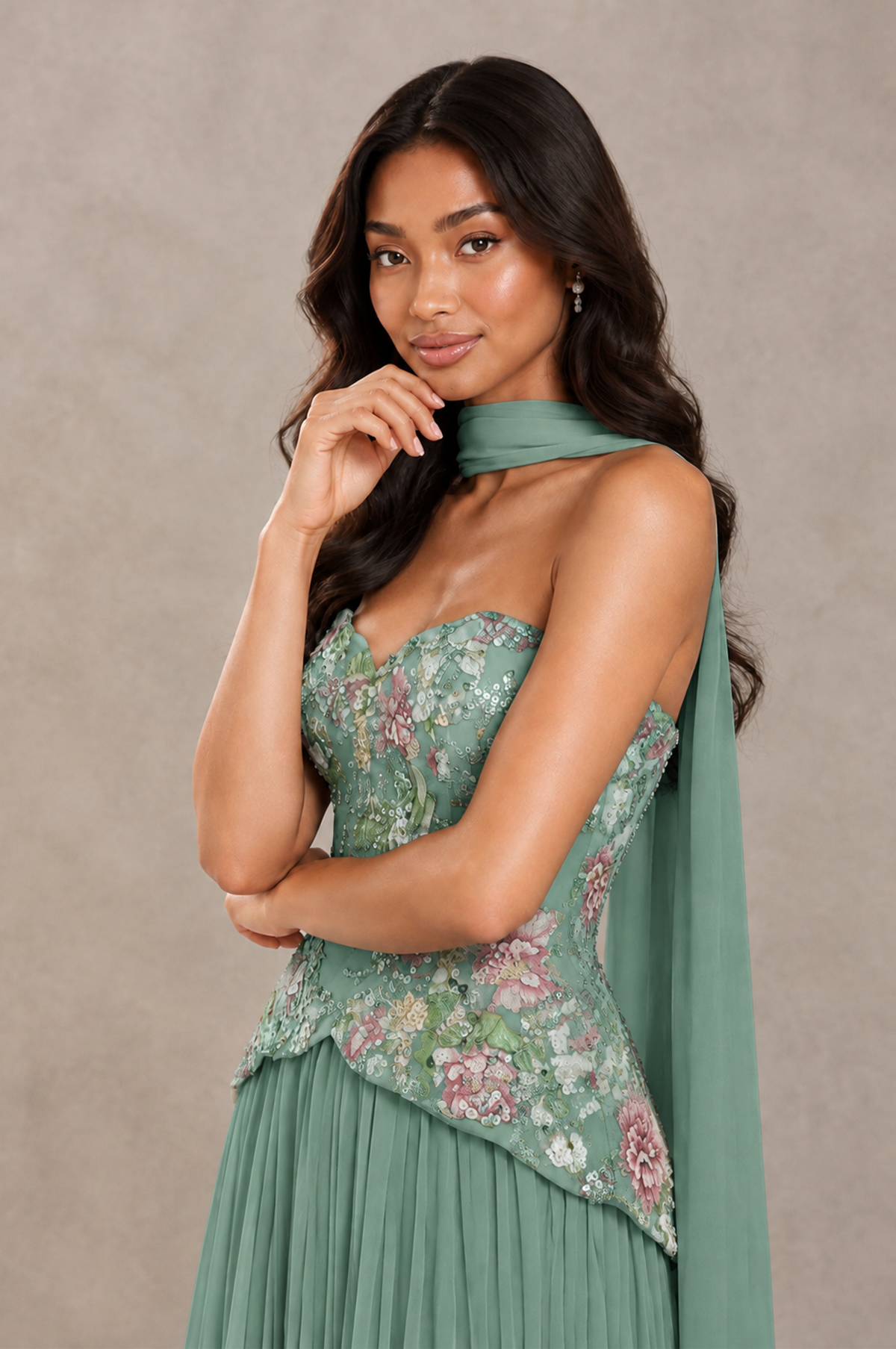 BOLODOO Eucalyptus Strapless Beaded Floral Corset Chiffon Maxi Gown – Open Back Prom & Formal Evening Dress - Eucalyptus - Eucalyptus_04