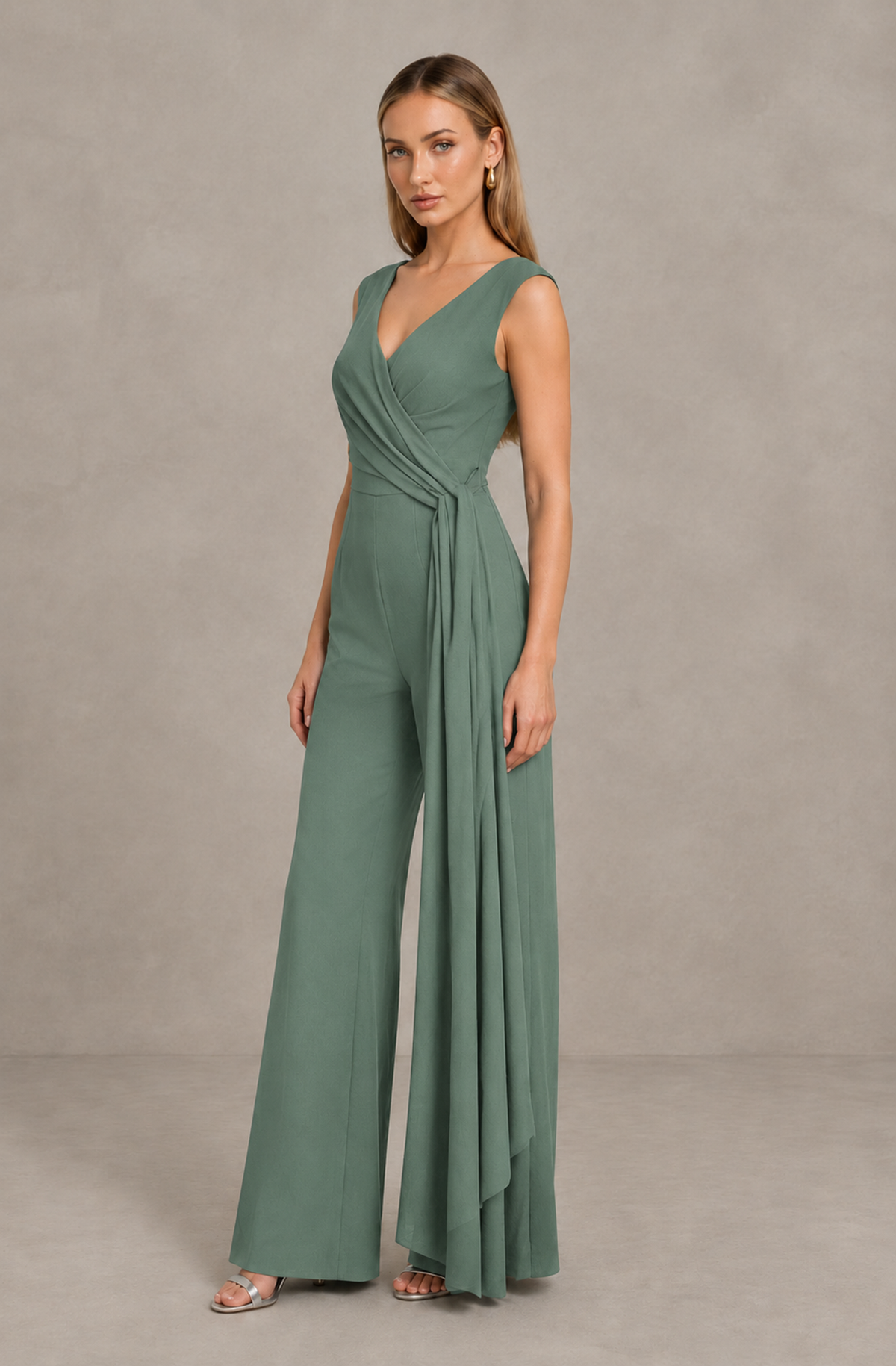 BOLODOO Eucalyptus Sleeveless V-Neck Wide-Leg Jumpsuit with Side Drape - Eucalyptus - Eucalyptus_04