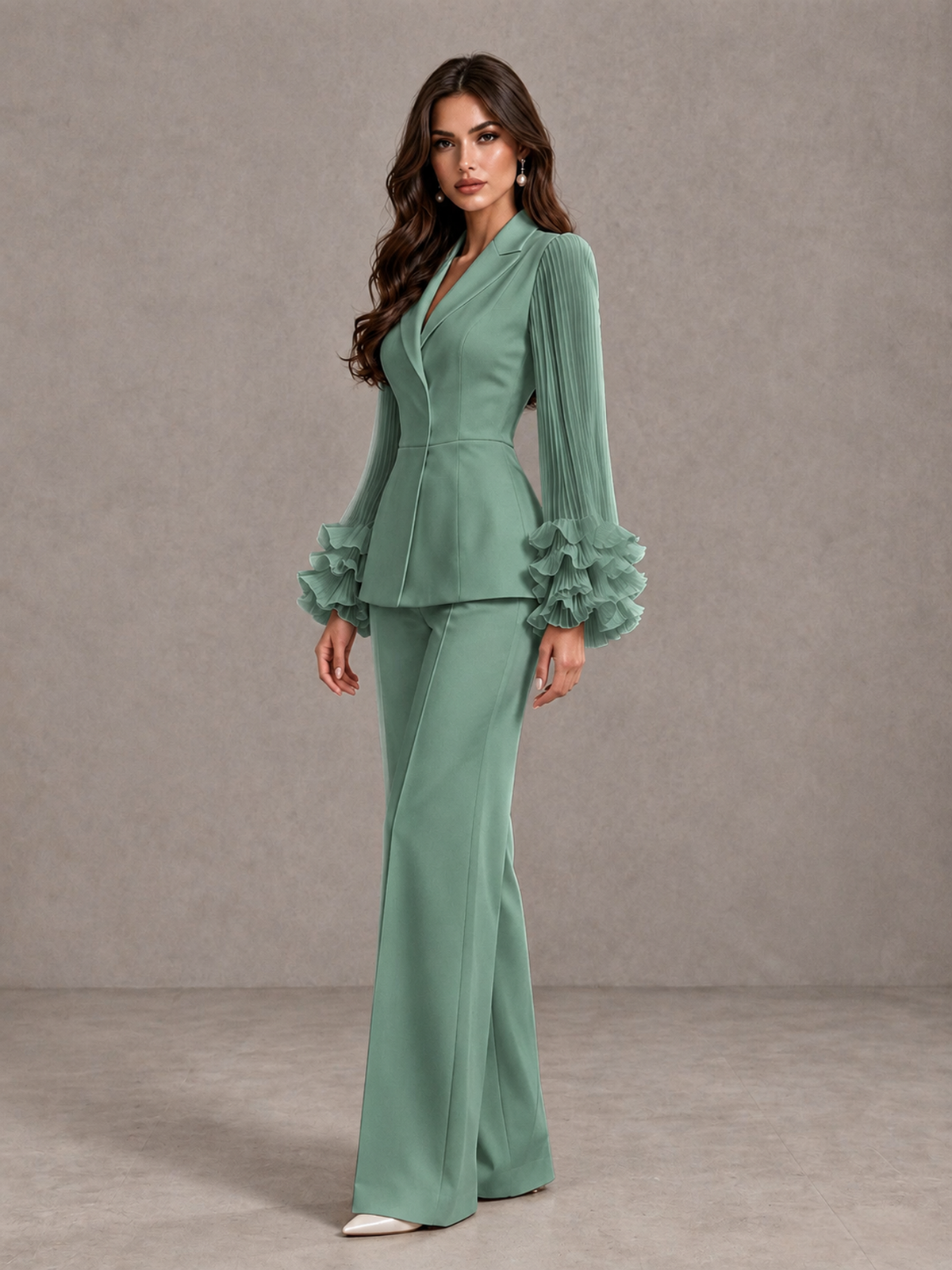 BOLODOO Eucalyptus Mother of the Bride Pant Suit – Pleated Long Sleeve Ruffle Cuff Wide Leg Trouser Suit - Eucalyptus - Eucalyptus_04