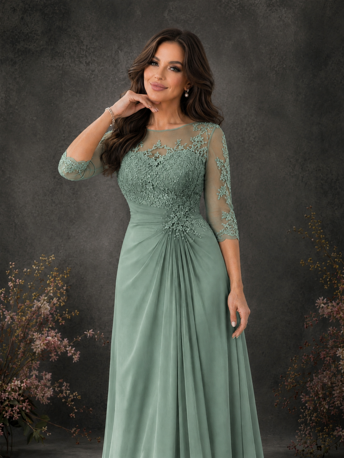 BOLODOO Eucalyptus Chiffon Lace Illusion Neckline 3/4 Sleeve Floor Length Formal Gown - Eucalyptus - Eucalyptus_04