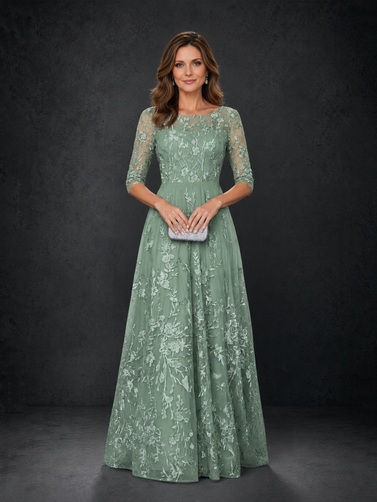 BOLODOO Eucalyptus Illusion Bateau Neck 3/4 Sleeve Floral Lace A-Line Mother of the Bride Dress MX007 - Eucalyptus - Eucalyptus_04