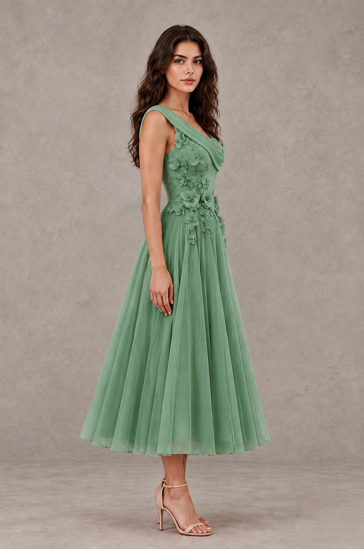 BOLODOO Eucalyptus One-Shoulder Floral Tulle Tea-Length Dress - Eucalyptus - Eucalyptus_04