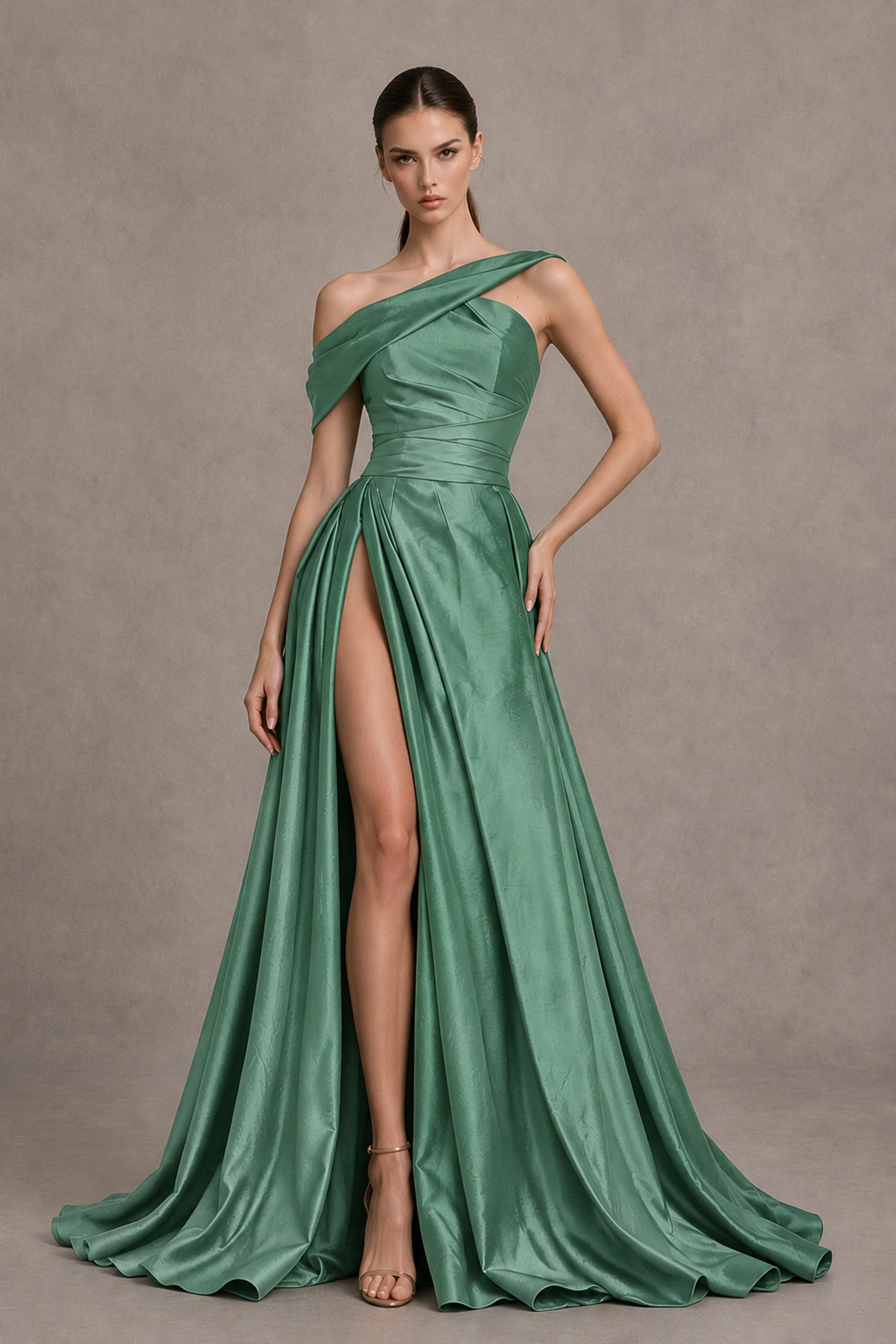 BOLODOO Eucalyptus Asymmetric Satin-Look A-Line Prom Dress with High Slit - Eucalyptus - Eucalyptus_1
