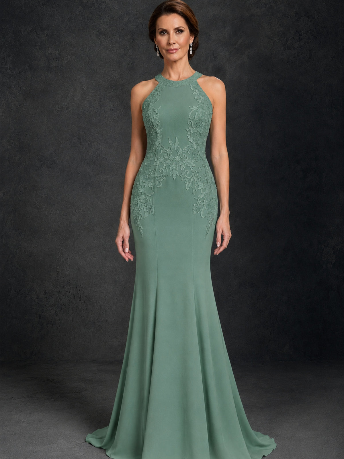 BOLODOO Eucalyptus Lace Applique Halter Neck Sheer Back Mermaid Maxi Dress with Sweep Train - Eucalyptus