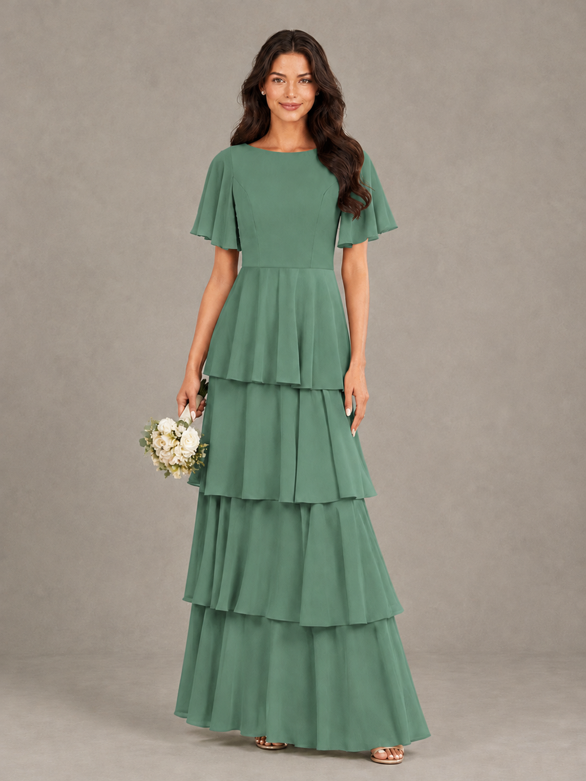 BOLODOO Eucalyptus Tiered Flutter Sleeve Bridesmaid Dress - Eucalyptus - Eucalyptus_1