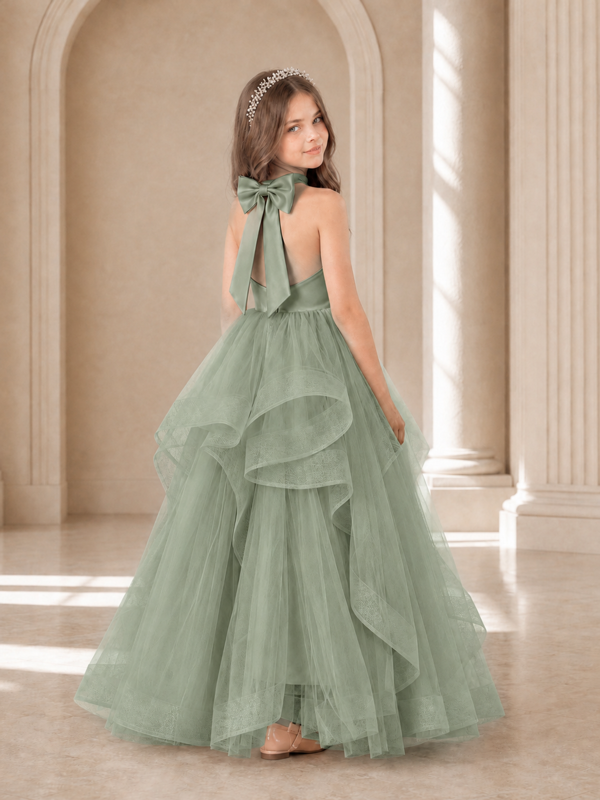 BOLODOO Eucalyptus Halter Tiered Tulle Flower Girl Dress with Bow Back - Eucalyptus - Eucalyptus_1