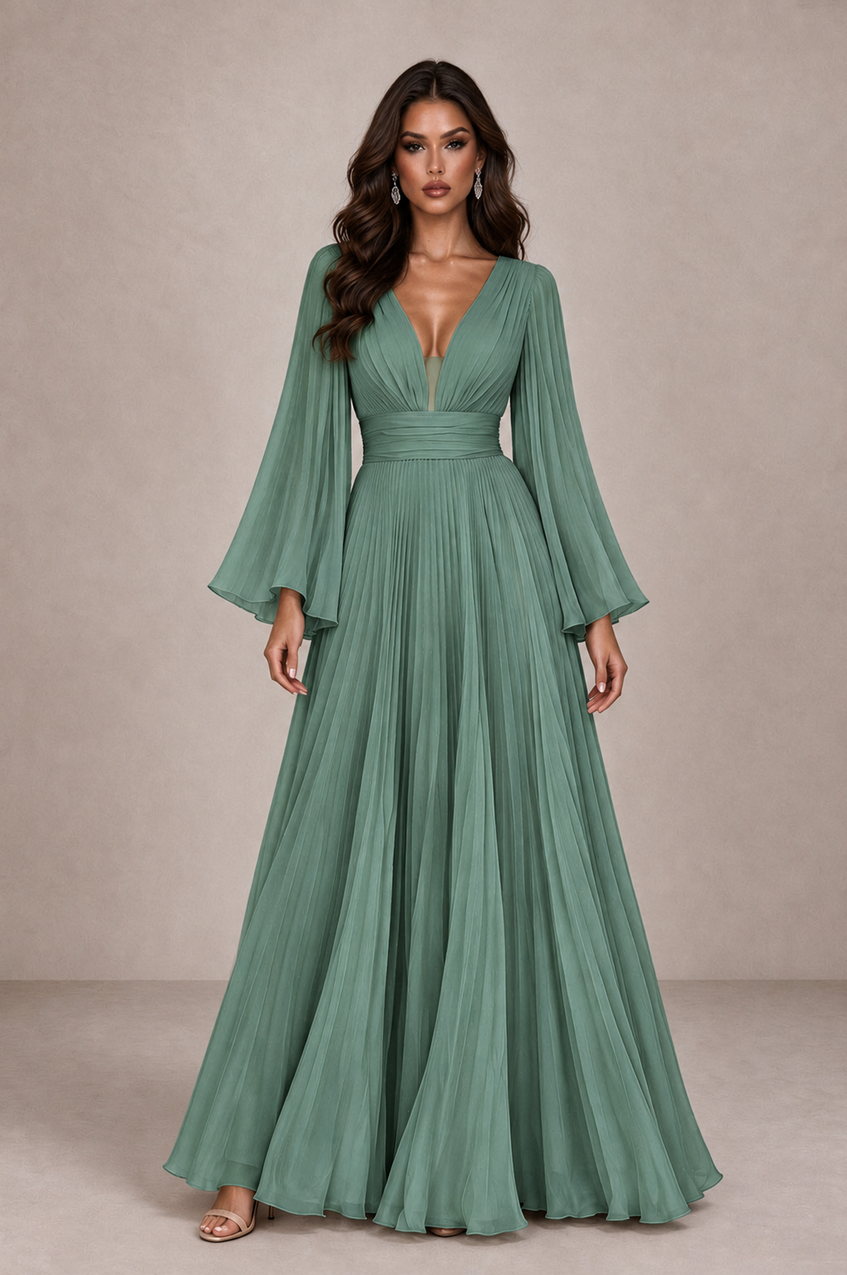 BOLODOO Eucalyptus Pleated Deep V-Neck Long Bell Sleeve Evening Dress - Eucalyptus - Eucalyptus_1
