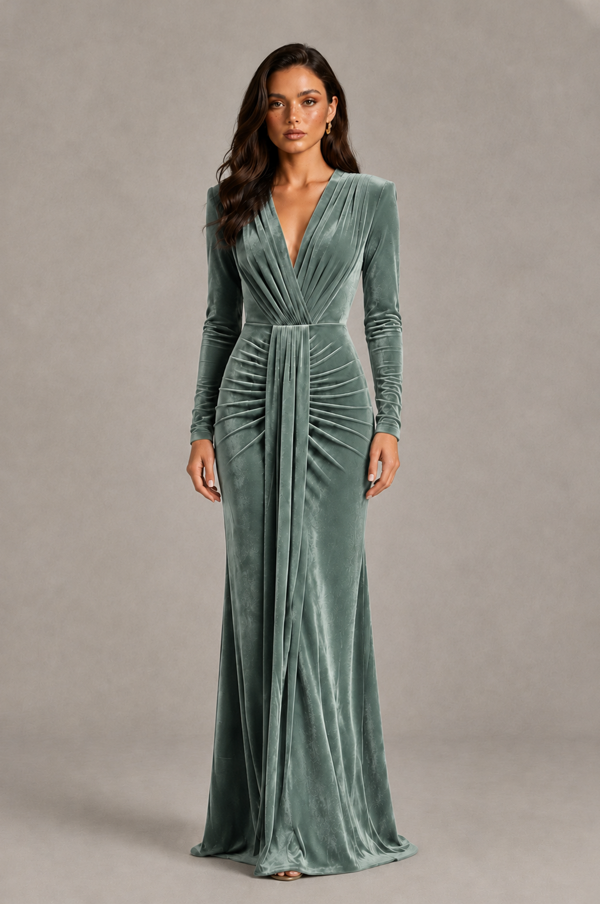 BOLODOO Eucalyptus Velvet Long Sleeve V-Neck Ruched Evening Gown - Eucalyptus
