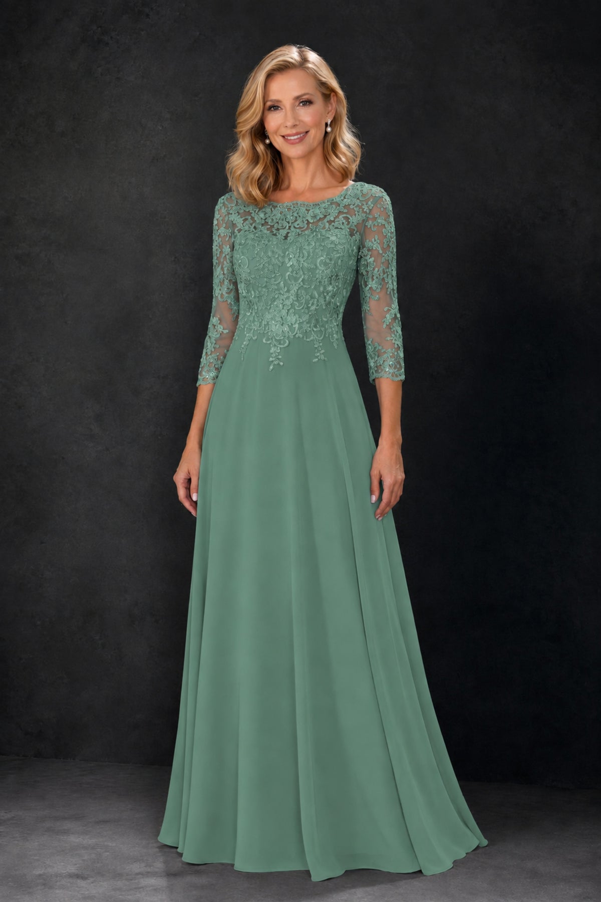 BOLODOO Eucalyptus Lace Embroidered Mother of the Bride Dress with 3/4 Sleeves - Eucalyptus