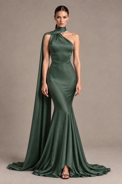 BOLODOO Eucalyptus One-Shoulder Satin Mermaid Evening Dress with Scarf - Eucalyptus - Eucalyptus_1