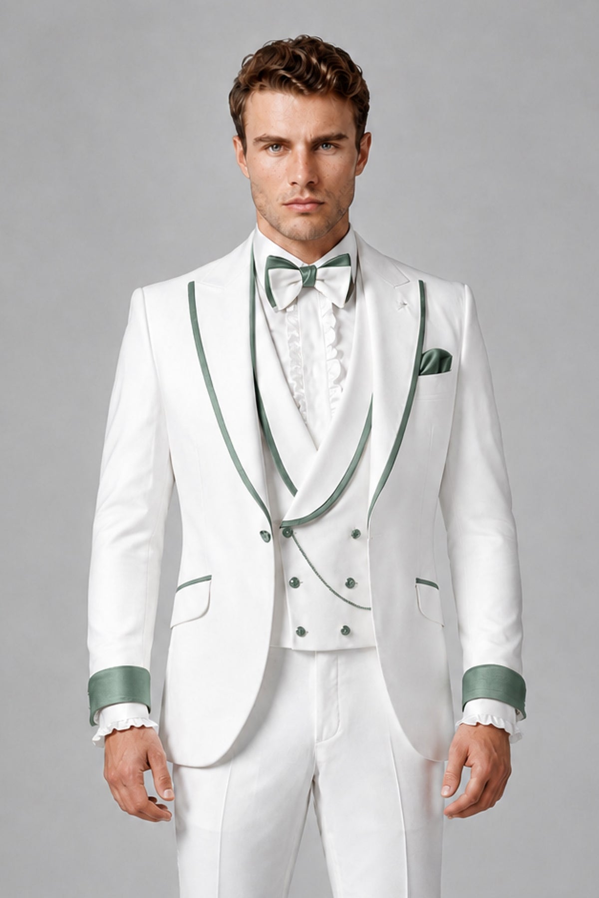 Bolodoo Men's White and Eucalyptus Three-Piece Wedding Tuxedo Suit - Eucalyptus - Eucalyptus_1